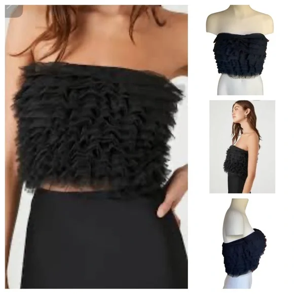 2/$10 NEW | Ruffle Mesh Tube Top – Black, Size Small (NWT) Forever 21 Crop Top - Picture 1 of 15